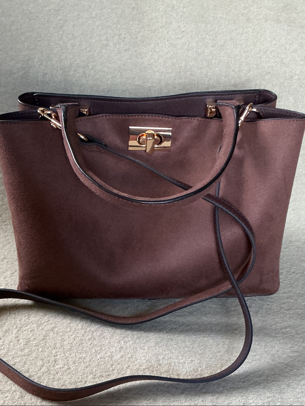 H&M Chocolate Brown Suede Shoulder Tote with Gold Hardware